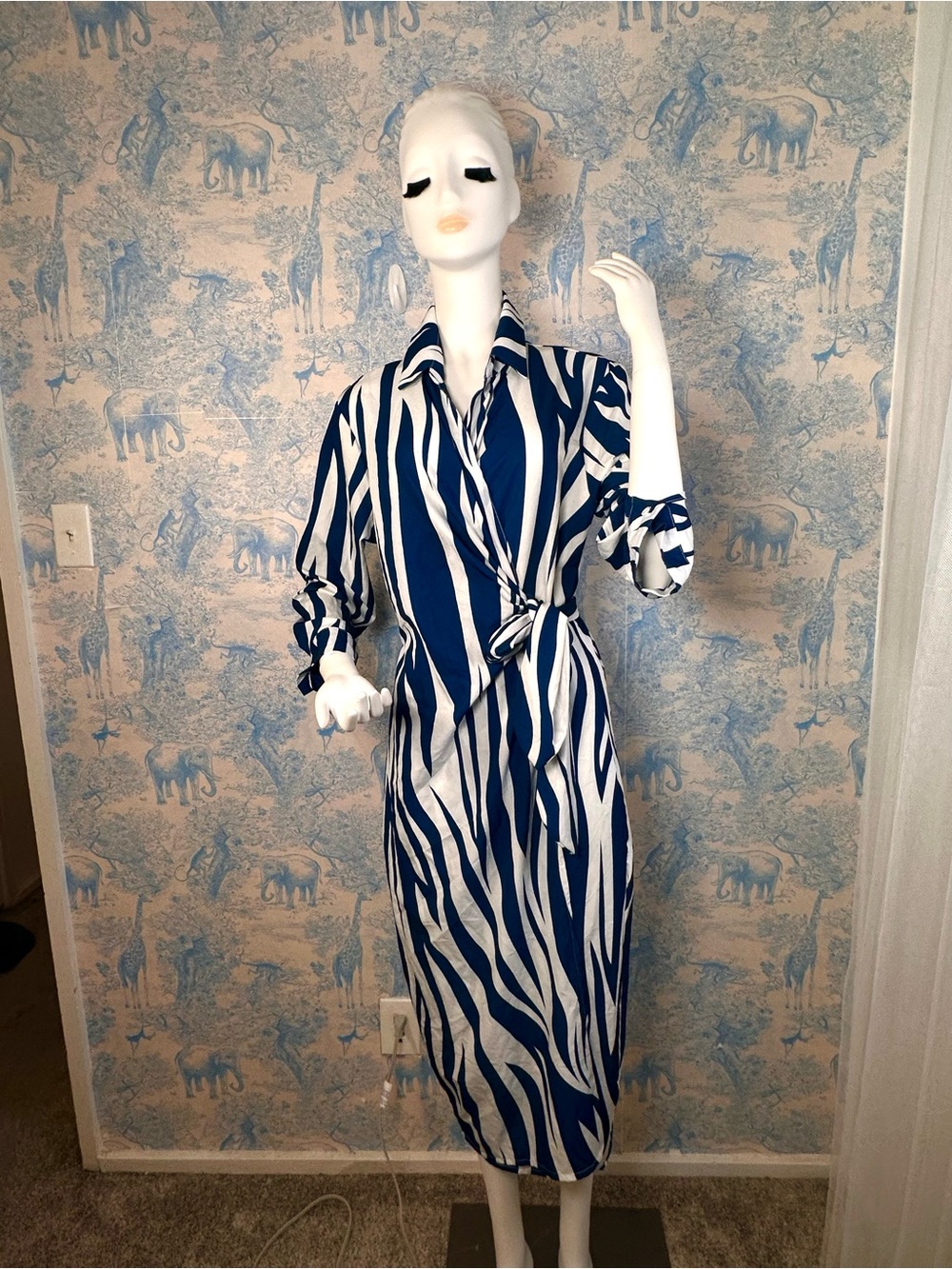 Striped Blue and White Wrap Midi Dress with Tie Waist